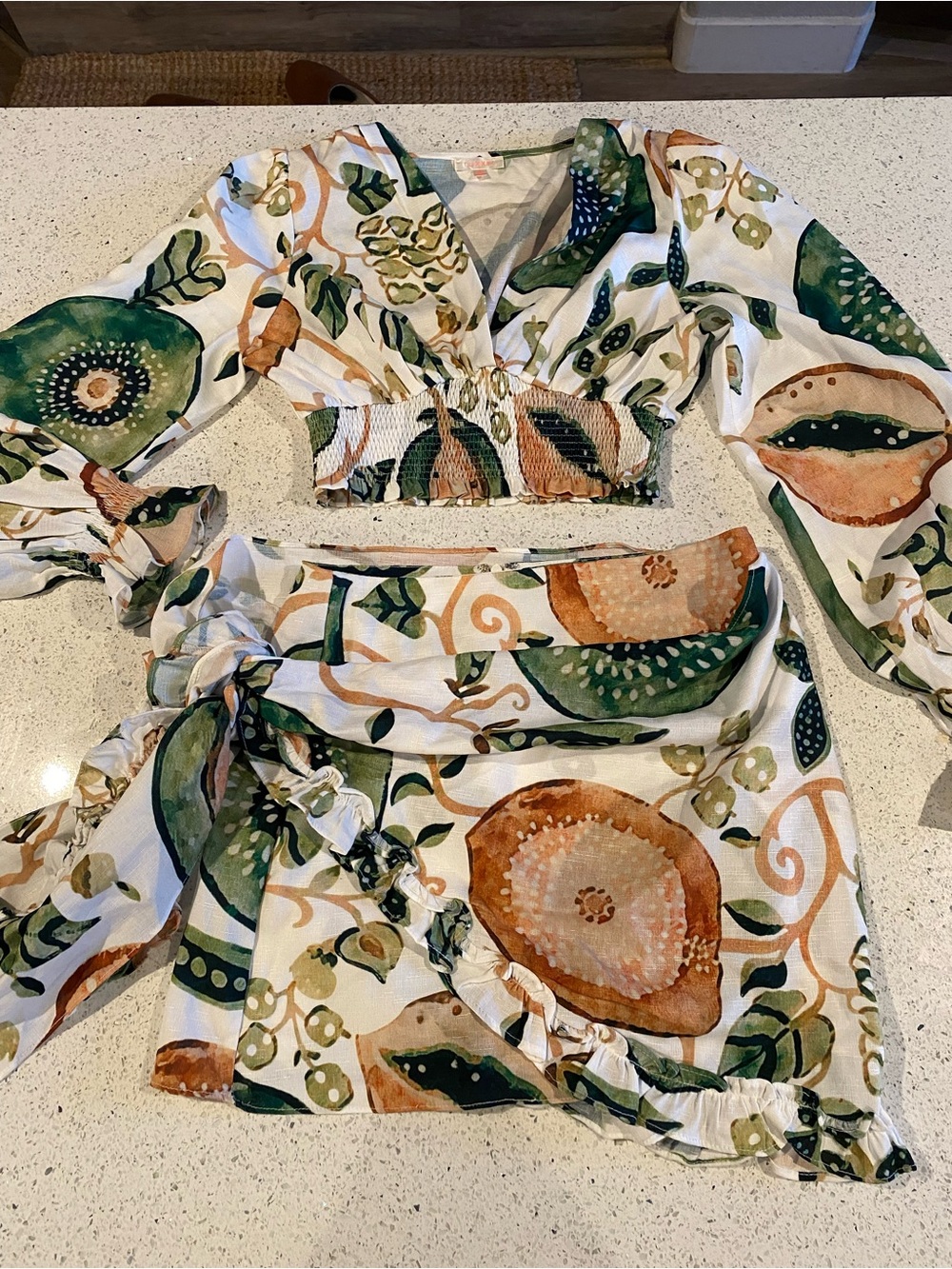 Luxxel Green, Tan & White Floral Crop Top and Wrap Skirt Set